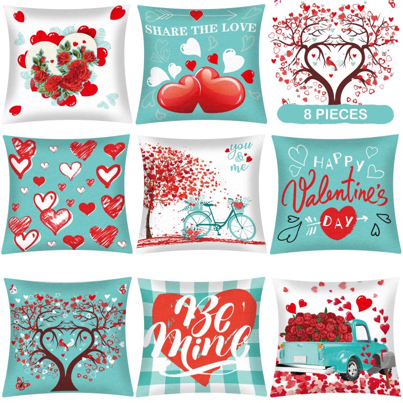 Tatuo 8 Pieces Valentine Throw Pillow Covers Cases Heart Pillow Covers 18 x 18 Inch Decorative Cushion Cover Valentines Gift Pillowcase for Sofa Bed