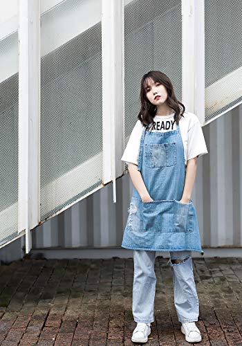 Tobyan Cotton Denim Apron Soft - Unisex Adjustable Bib Apron with 5-Pockets Perfect for Kitchens (Light Blue) - Image 3