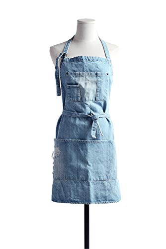 Tobyan Cotton Denim Apron Soft - Unisex Adjustable Bib Apron with 5-Pockets Perfect for Kitchens (Light Blue) - Image 1