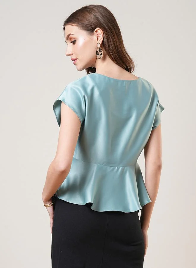 globus Women Green Satin Extended Sleeves Peplum Top