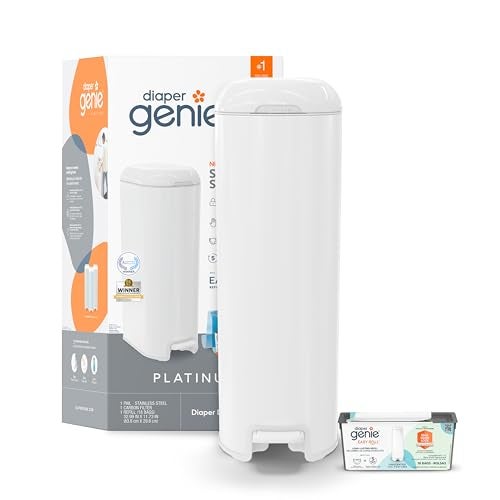 Diaper Genie Diaper Genie Platinum Pail Lilly White is Made of Durable Stainless Steel and Includes 1 Easy Roll Refill with 18 Bags That can Last up to 5 Months 