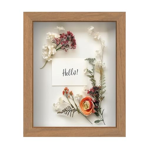 FrameWorks 8 x 10 Golden Oak Wooden Shadow Box Frame Display Case with Soft Felt Back Memory Box with Tempered Glass Display Box with Elegant White Ball Push Pins Wooden Flower Box