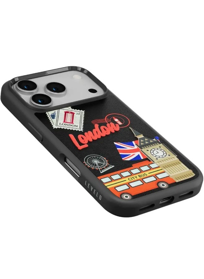 ليفيلو فاللو جراب من الجلد الصناعي (PU) بتصميم لندن مع لمسة تطريز لهاتف آيفون 17 برو ماكس – أسود داكن - Image 3