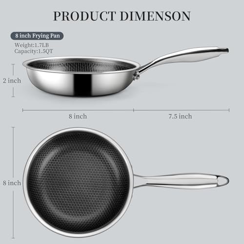 Innerwell Stainless Steel Frying Pan 8 Inch Nonstick Honeycomb Coatings Skillet for Eggs & Omelettes-Non Toxic Healthy Kitchen Cooking Pan Compatible with All Cooktops - Image 2