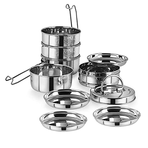 FUTENSILS Manav Stainless Steel Tiffin Box Clip Model,5-Tier-Size -12X5 (With Single Plate Between Each Tier) ,Lunch Kit Can be used for Office Travelling, Gifting And Picnic,(Capacity-10100ml,Dia-8 Inch, Weight - 2.62Kg), A FUTENSILS Product - Image 3