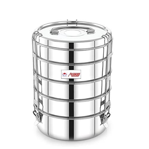 FUTENSILS Manav Stainless Steel Tiffin Box Clip Model,5-Tier-Size -12X5 (With Single Plate Between Each Tier) ,Lunch Kit Can be used for Office Travelling, Gifting And Picnic,(Capacity-10100ml,Dia-8 Inch, Weight - 2.62Kg), A FUTENSILS Product - Image 1