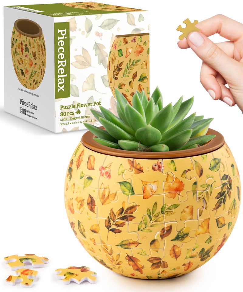 PieceRelax 3D Puzzle Planter 80 Pieces - Flower Pot - Elegant Green, Home Decor Flower Pots for Indoor Cactus, Succulents Pots [K1105] - Image 1