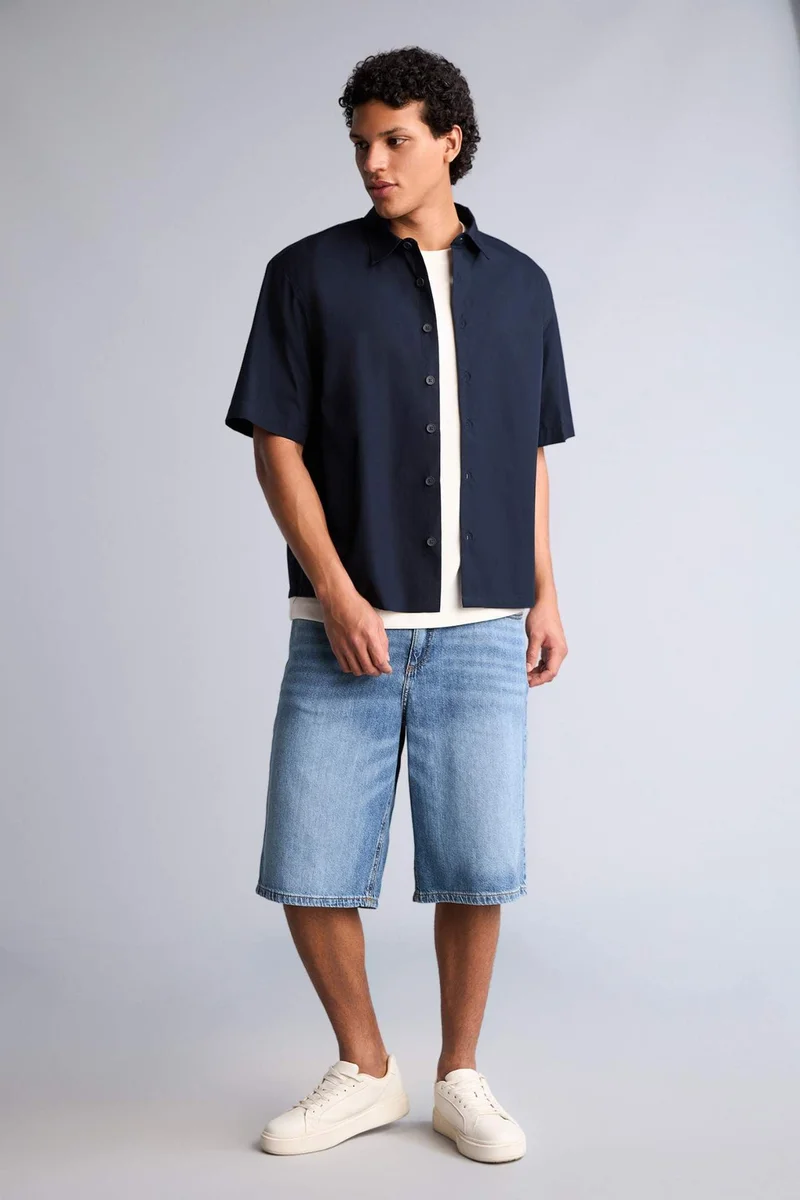 DeFacto Boxy Fit Shirt Collar Printed Poplin Short Sleeve Shirt