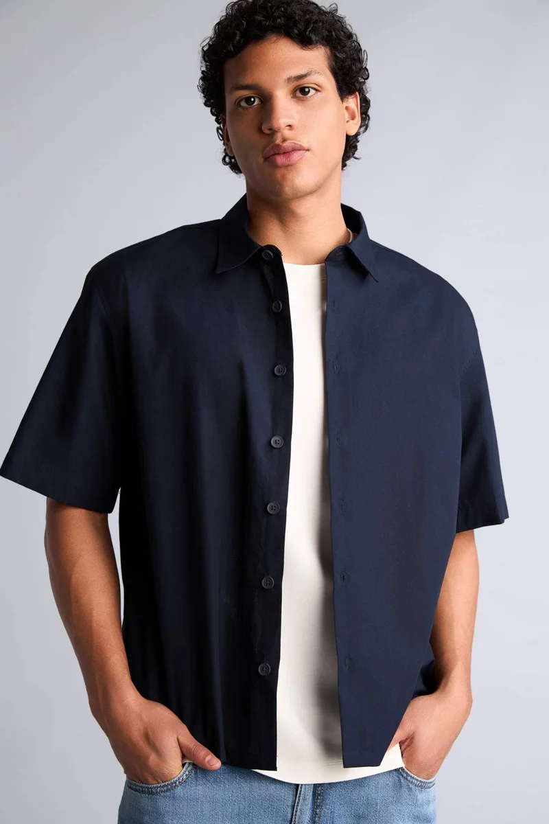 DeFacto Boxy Fit Shirt Collar Printed Poplin Short Sleeve Shirt
