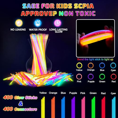 HONLYNE 400 Pcs Glow Sticks Bulk Party Pack 8 Glow in the Dark Party Supplies Glow in the Dark Light Up Sticks with Connectors Party Favors for Birthday Concert Raves Halloween Christmas - Image 5