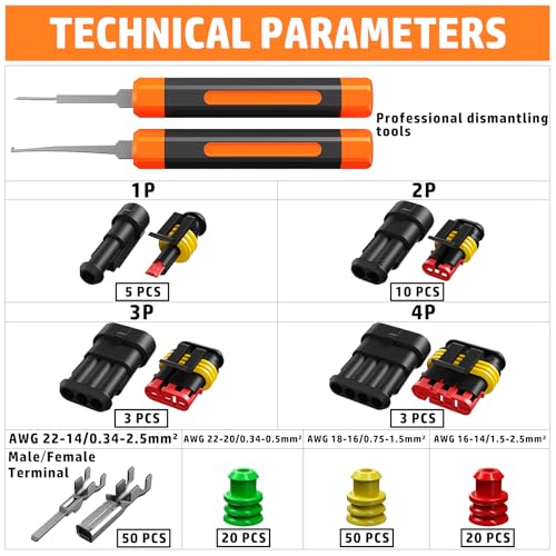 PEBA Waterproof Automotive Electrical Connectors Kit, Automotive Male/Female 1/2/3/4-Pin & Connector Plug and Ratchet Crimping Tool AWG 22-14, Ideal for Cars, Motorcycles & Boats | Pin Removal Tool - Image 5