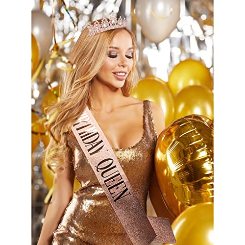 COCIDE Birthday Queen Sash and Tiaras for Women Crystal Rose Gold Crown and Sahes Rhinestones Glitter Hair Accessories for Happy Birthday Party Decorations Outfit - Image 5