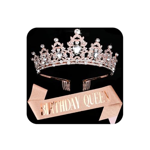 COCIDE Birthday Queen Sash and Tiaras for Women Crystal Rose Gold Crown and Sahes Rhinestones Glitter Hair Accessories for Happy Birthday Party Decorations Outfit - Image 2