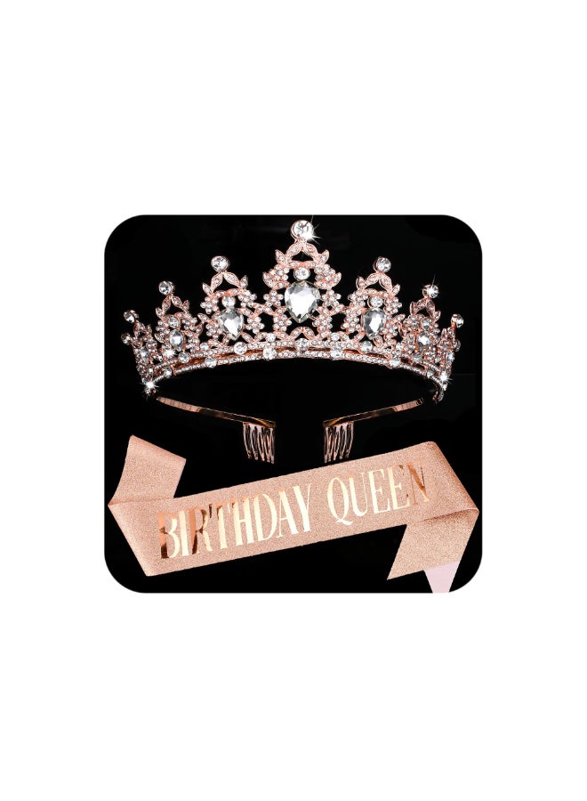 COCIDE Birthday Queen Sash and Tiaras for Women Crystal Rose Gold Crown and Sahes Rhinestones Glitter Hair Accessories for Happy Birthday Party Decorations Outfit - Image 3