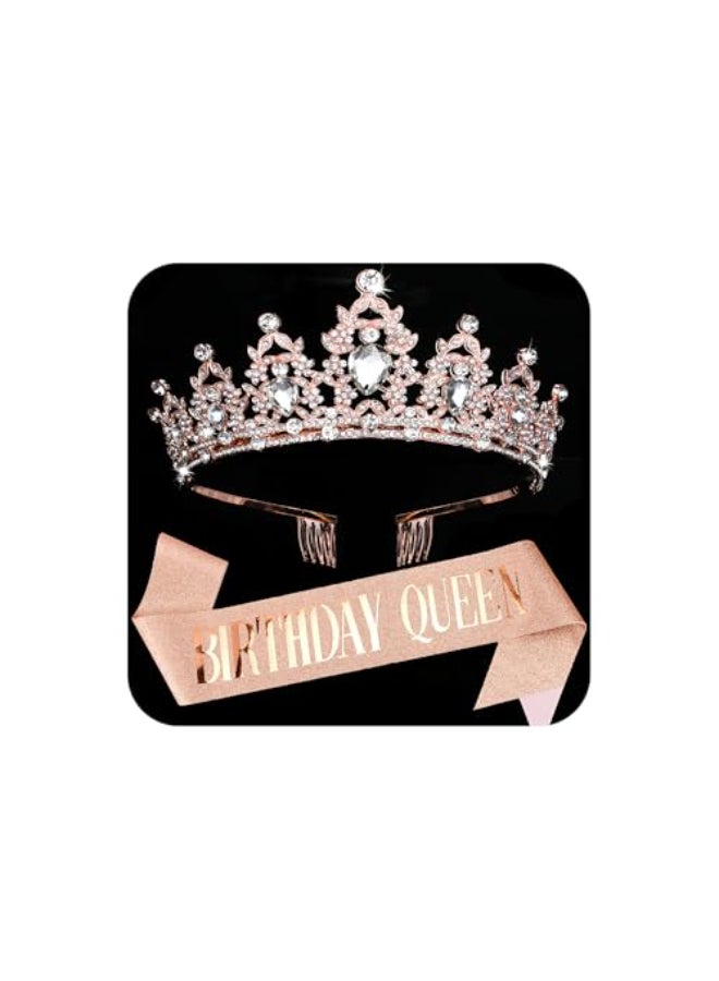 COCIDE Birthday Queen Sash and Tiaras for Women Crystal Rose Gold Crown and Sahes Rhinestones Glitter Hair Accessories for Happy Birthday Party Decorations Outfit - Image 1