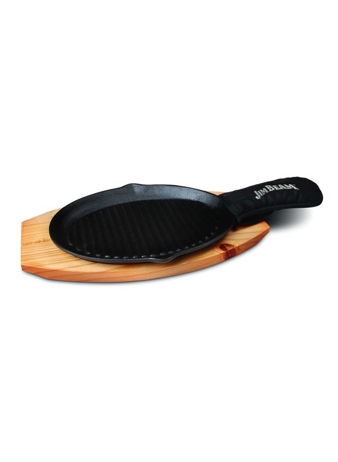 Jim Beam JB0159, Heavy Duty Construction, Pre Seasoned Cast Iron Skillet with Wooden Base and Mitt, Black,Small - Image 1