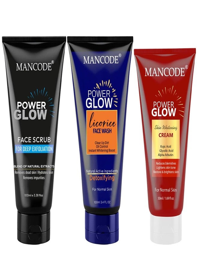 MAN CODE Mancode Power Glow Face Care Combo for Unisex | Scrub, Face Wash & Whitening Cream | Deep Cleansing, Exfoliation & Brightening | Natural Ingredients with Saffron, Turmeric, Kojic Acid & Licorice | Hydrating & Reduces Dark Spots Pack of 3 - Image 1