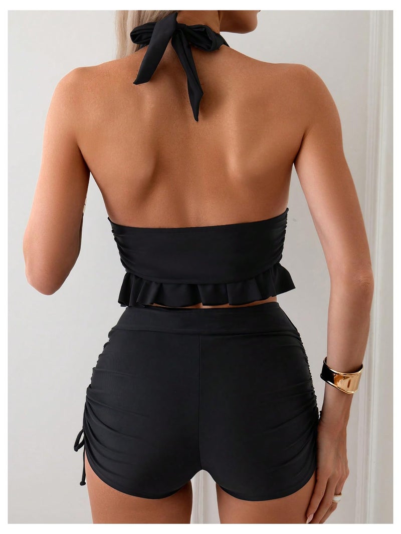OYOANGLE Women's 2 Piece Tankini Set Two Piece Ruffle Bathing Suits Ruched Halter Swimsuits with Shorts Black Medium - Image 2