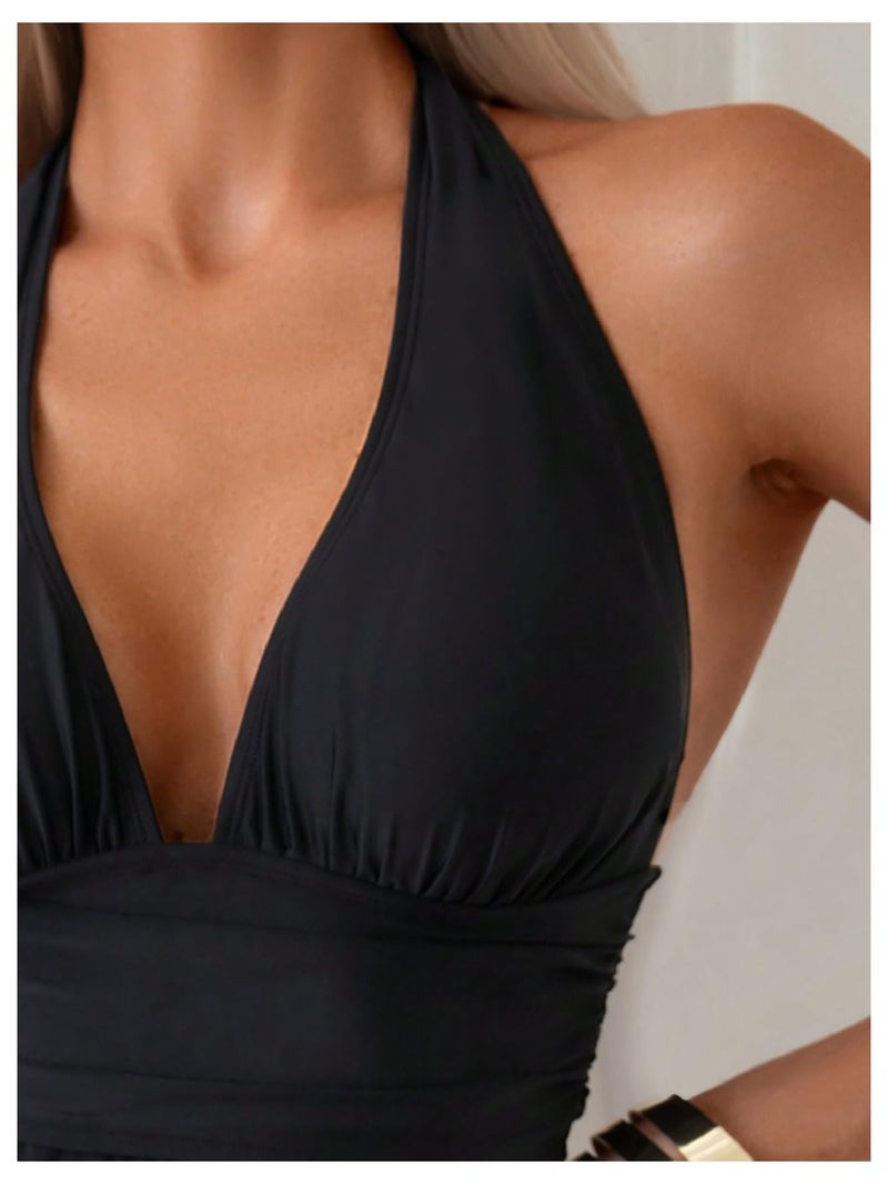 OYOANGLE Women's 2 Piece Tankini Set Two Piece Ruffle Bathing Suits Ruched Halter Swimsuits with Shorts Black Medium - Image 4
