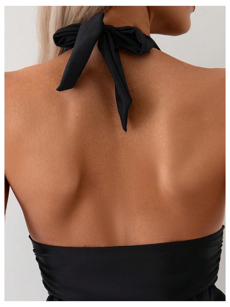 OYOANGLE Women's 2 Piece Tankini Set Two Piece Ruffle Bathing Suits Ruched Halter Swimsuits with Shorts Black Medium - Image 5