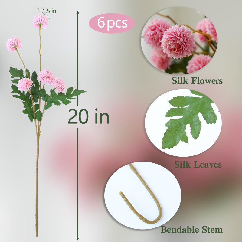 Mizii 6Pcs Pink Fake Silk Pompon Mum Artificial Flowers Bulk Small Faux Chrysanthemums With Stems Realistic Floral Decorations For Wedding Diy Bouquet Centerpieces Shower Vase Home Decor (Pink) - Image 2