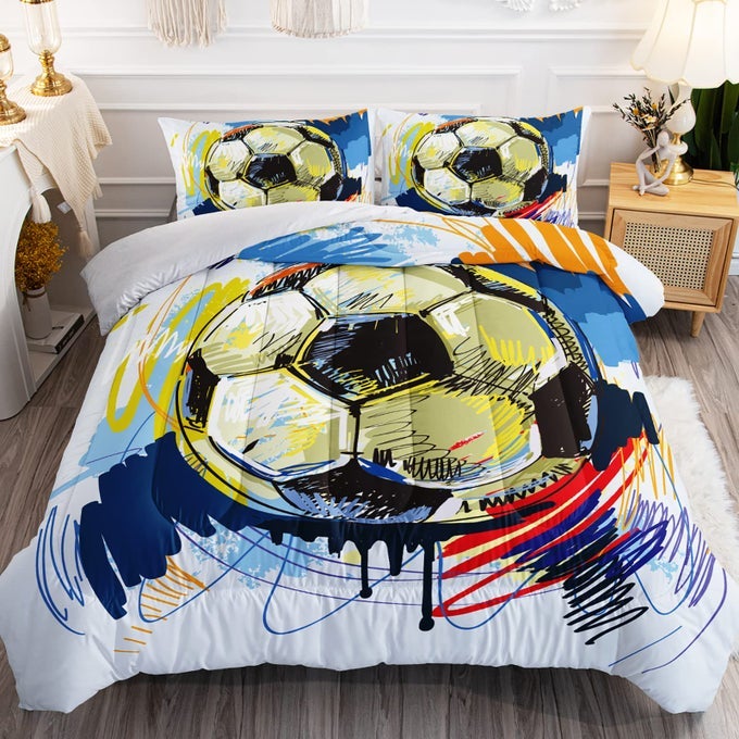 SOCCER COMFORTER SET BOYS SPORTS BEDDING SET QUEEN SIZE FOR KIDS TEENS HAND DRAWN FOOTBALL GRAFFITI STYLE COMFORTER DESIGN 3 PIECE WITH 1 COMFORTER 2 PILLOWCASES