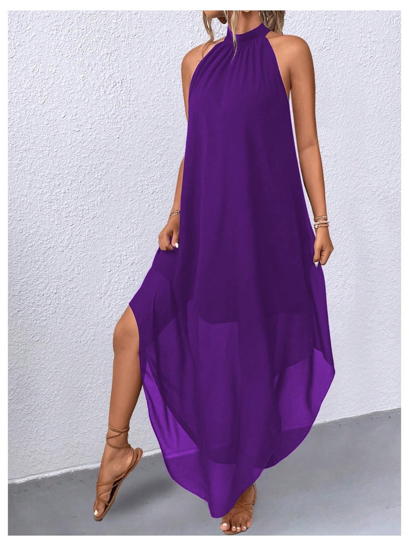 Verdusa Women's Formal Wedding Guest Dress Halter Flowy Chiffon Asymmetrical Long Summer Dress Purple X-Small - Image 4
