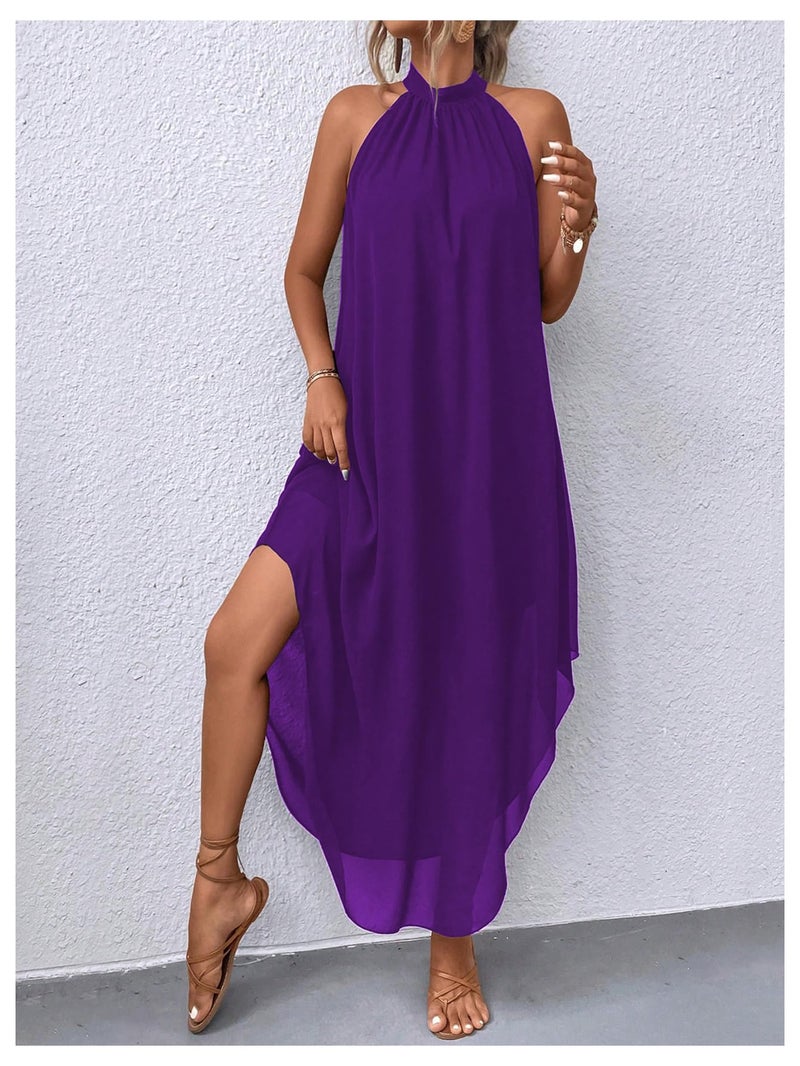 Verdusa Women's Formal Wedding Guest Dress Halter Flowy Chiffon Asymmetrical Long Summer Dress Purple X-Small - Image 3