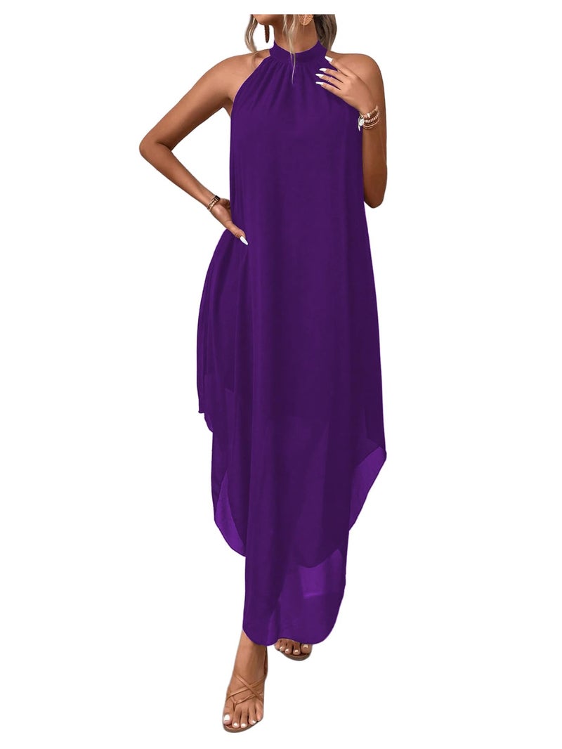 Verdusa Women's Formal Wedding Guest Dress Halter Flowy Chiffon Asymmetrical Long Summer Dress Purple X-Small - Image 1