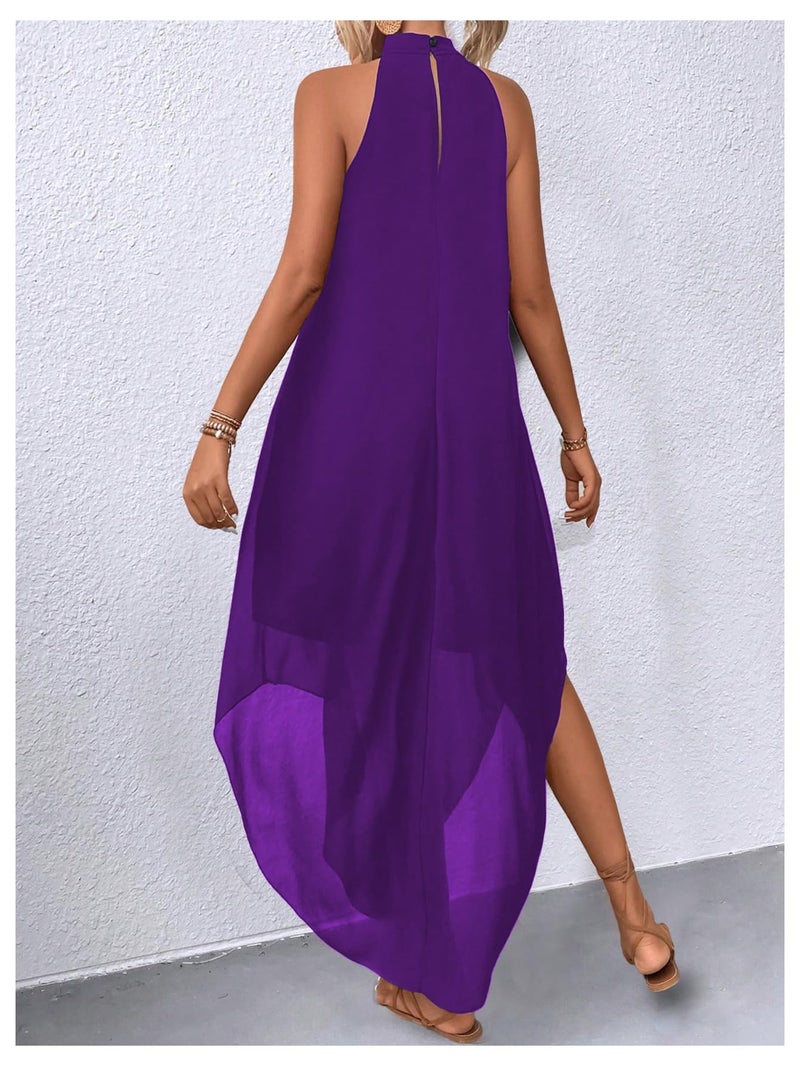 Verdusa Women's Formal Wedding Guest Dress Halter Flowy Chiffon Asymmetrical Long Summer Dress Purple X-Small - Image 2