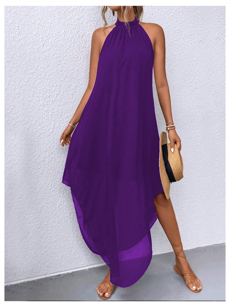 Verdusa Women's Formal Wedding Guest Dress Halter Flowy Chiffon Asymmetrical Long Summer Dress Purple X-Small - Image 5
