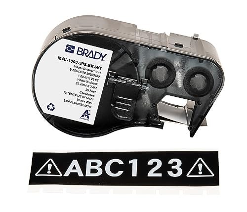 Brady Authentic M4C1000595BKWT AllWeather Vinyl Labels 1 in W x 25ft White on Black for use with BMP41 BMP51 M410 M510 and M511 Label Printers - Image 1