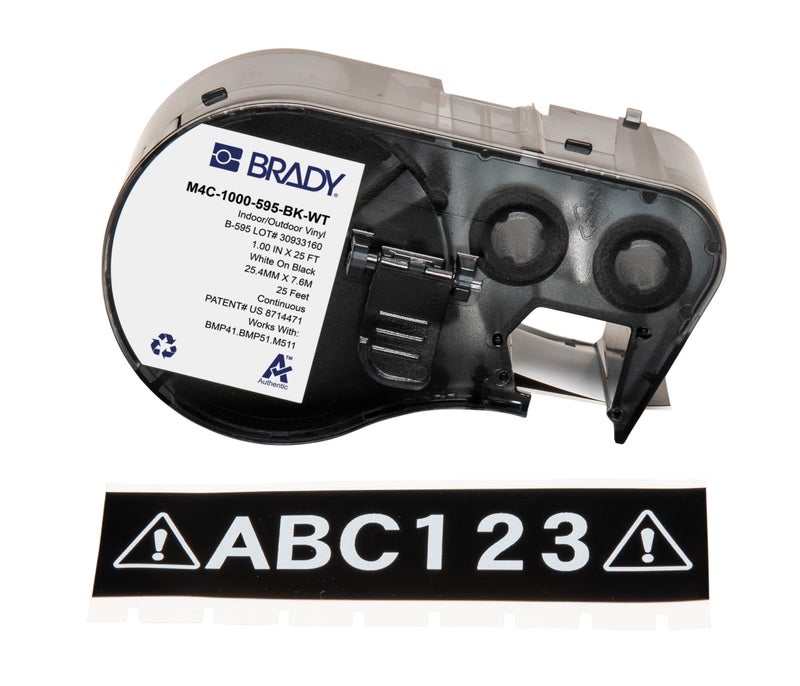 Brady Authentic M4C1000595BKWT AllWeather Vinyl Labels 1 in W x 25ft White on Black for use with BMP41 BMP51 M410 M510 and M511 Label Printers - Image 2