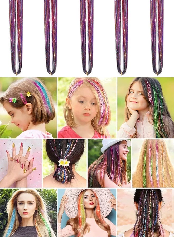 CSDONA 5-Piece Shining Hair Tinsel Extensions Set – Sparkling Hair Strands for Hair Decoration & Party Makeup Multicolor - Image 2