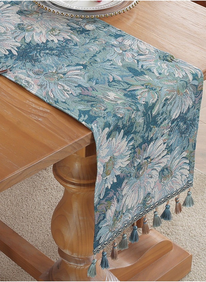 Generic pastoral Jacquard Dinner Table Runner, Blue Tassel Style， 30*183cm，Long Table Runner，Table Decoration  - Image 5