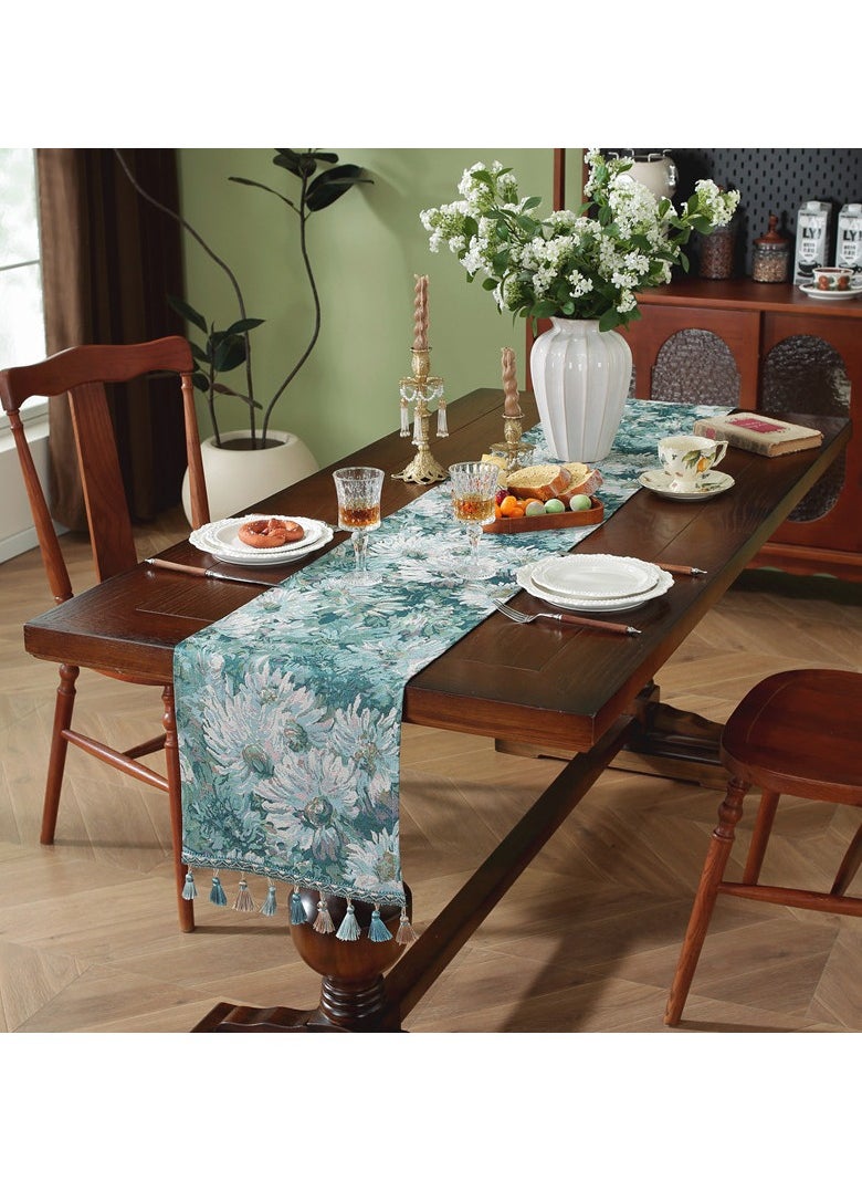 Generic pastoral Jacquard Dinner Table Runner, Blue Tassel Style， 30*183cm，Long Table Runner，Table Decoration  - Image 1