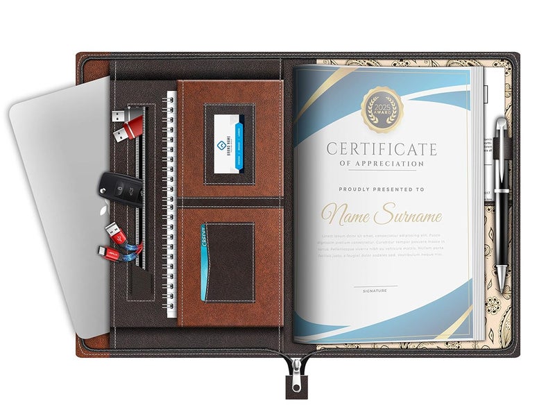 FEDUS 20 ورقة مجلدات جلدية متعددة الاستخدامات للمحترفين لحفظ الشهادات والمستندات، حقيبة مستندات، محفظة، ملف تنفيذي بحجم A4 لحفظ المستندات مع 20 ورقة للرجال والنساء - Image 1