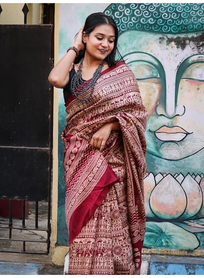 Accessorize Kingdom Women's Art Silk Kalamkari Print Saree With Blouse Piece - Image 2