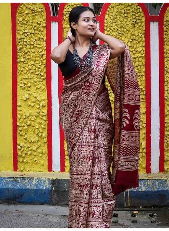 Accessorize Kingdom Women's Art Silk Kalamkari Print Saree With Blouse Piece - Image 3