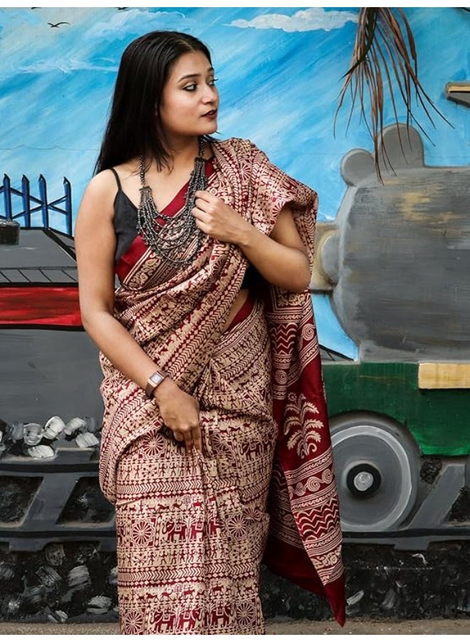 Accessorize Kingdom Women's Art Silk Kalamkari Print Saree With Blouse Piece - Image 5