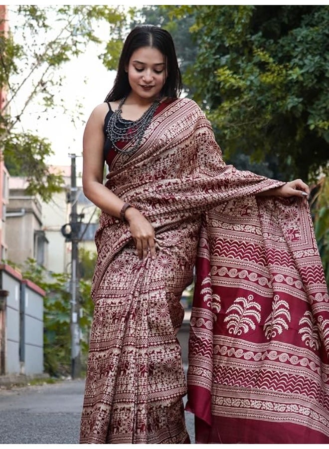 Accessorize Kingdom Women's Art Silk Kalamkari Print Saree With Blouse Piece - Image 4