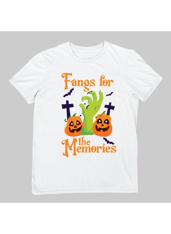 Halloween Fangs for the Memories Pun Shirt T-Shirt - Short Sleeve Unisex Couples Casual Wear, Cute and Trendy Pure Cotton Top White