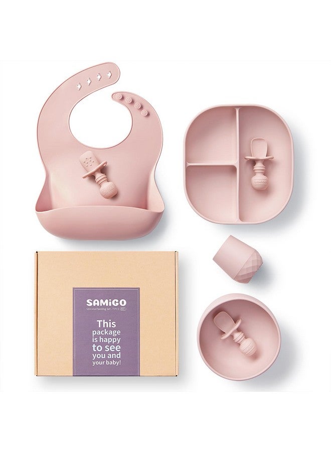 SAMiGO Silicone Baby Feeding Set, Baby Led Weaning Supplies, Suction Bowl Plate Bib Cup Self Feeding Spoons, Solid Food Eating Essentials, First Stage Utensils, 6+ Months - Image 1