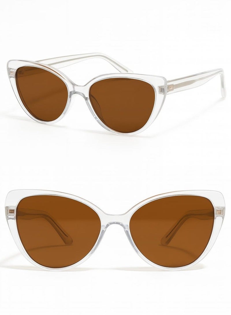 Retro Women’s Cat-Eye Sunglasses with Transparent Frame and Brown Lens – Stylish UV Protection Eyewear - Image 1