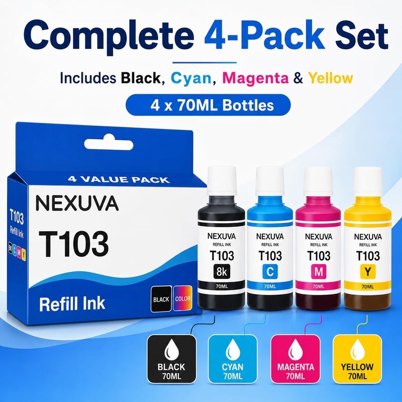 NEXUVA 103 Ink Bottle Compatible with Epson EcoTank Printers L3110 L3150 L3151 L3111 L3116 (Black, Cyan, Magenta, Yellow – 4-Pack) - Image 2