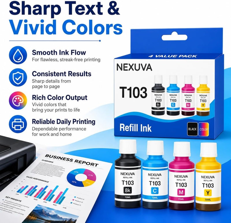 NEXUVA 103 Ink Bottle Compatible with Epson EcoTank Printers L3110 L3150 L3151 L3111 L3116 (Black, Cyan, Magenta, Yellow – 4-Pack) - Image 4