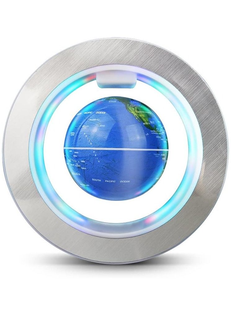 Magnetic Floating Globe World Map Circular Frame with Colorful LED for Home Office Desk Decoration 4 inch Blue  - Image 1