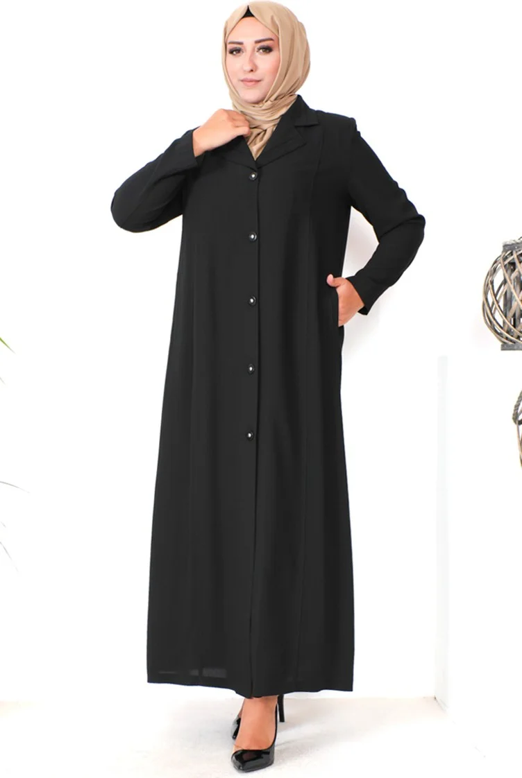 Sefa Merve Plus Size Buttoned Topcoat 2422-01 Black