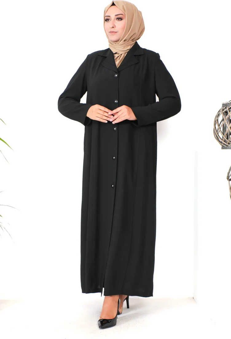 Sefa Merve Plus Size Buttoned Topcoat 2422-01 Black