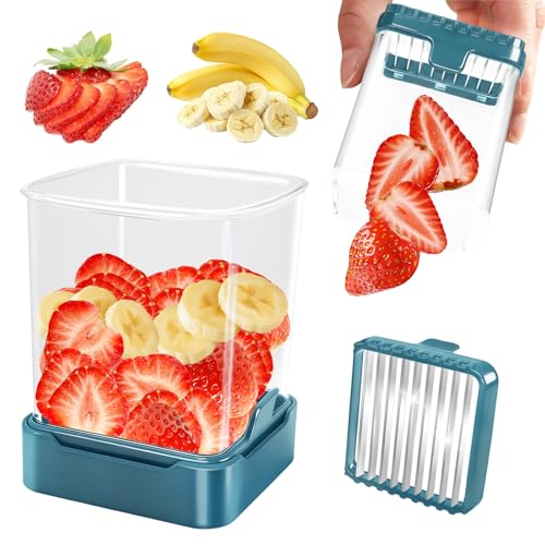 GENGCANG Fruit Slicer Cup for Strawberry, Banana, Hard-Boiled Egg - Detachable Cutter with Push Plate - Rapid & Safe Slicing Kitchen Gadget for Quick Meal Prep (Blackish green) - Image 1